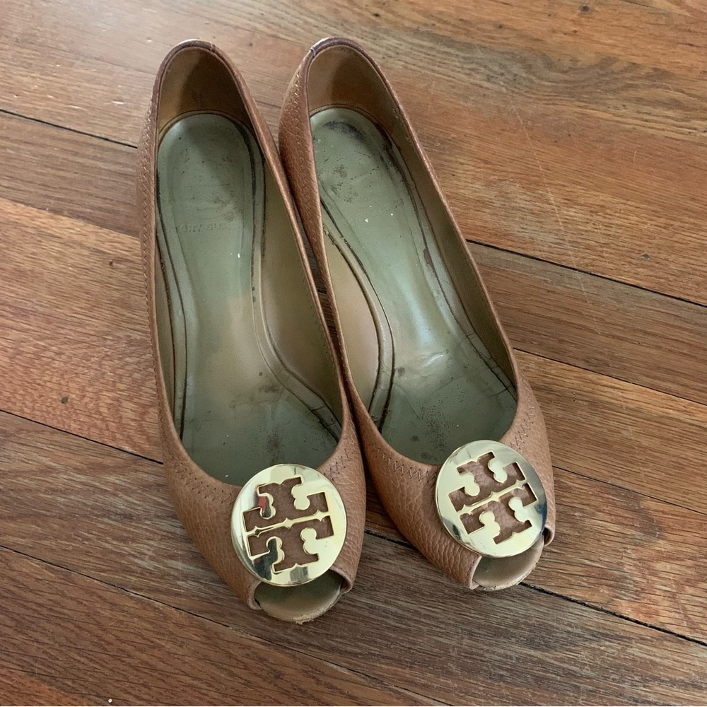 Tory Burch peep toe logo wedges